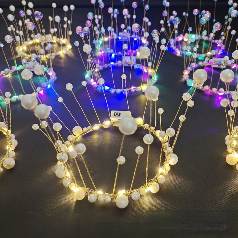 

Kids Adult Light Up Flashing Pearl Crown Tiara Queen Royal Wedding Bride Birthday Prom Headband Glow Party Decoration