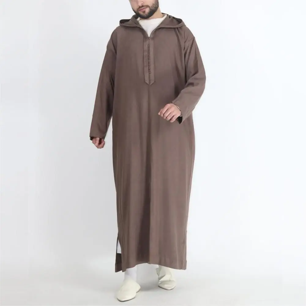 

Men Muslims Kaftan Islamic Arabic Robes Patchwork Vintage Middle East Caftan Hooded Loose Casual Long Sleeve Thobe Robe
