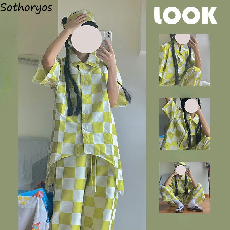 

Pajama Sets Women Plaid Personality Summer Breathable Asymmetric Ulzzang Ins Design Popular Casual Hipster Sleepwear Simple Home