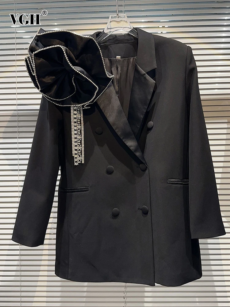 

Женский двубортный Блейзер VGH, однотонный Блейзер составного кроя с длинными рукавами, отложным воротником и аппликацией, со стразами