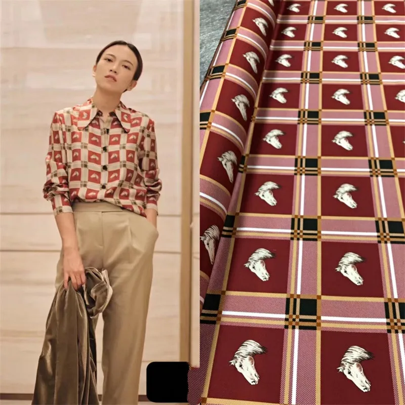 

Fashion Light Luxury Big Star with Same Red Geometric Plaid Print Twill Stretch Silk Fabric High-end Shirt Silk Sewing Fabric