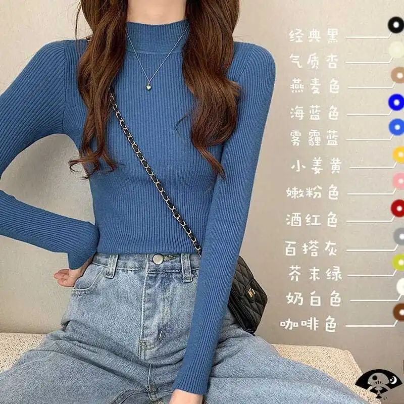 

Women's Sweater Pullover Knit Long Sleeve Half High Neck Tees Autumn Winter New Korean Underlay Slim Fit Top Women's Wear Blouse