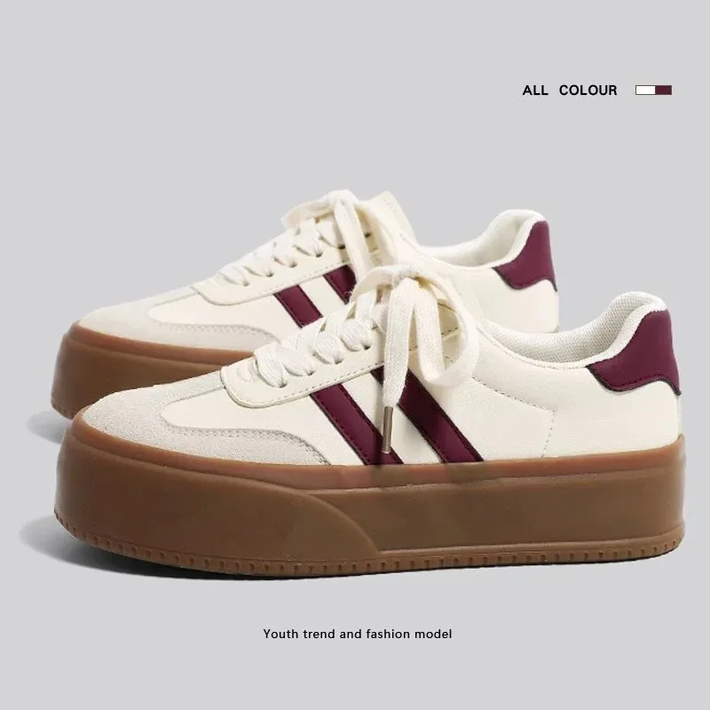 Кроссовки женские кожаные на шнуровке Вулканизированная подошва толстой