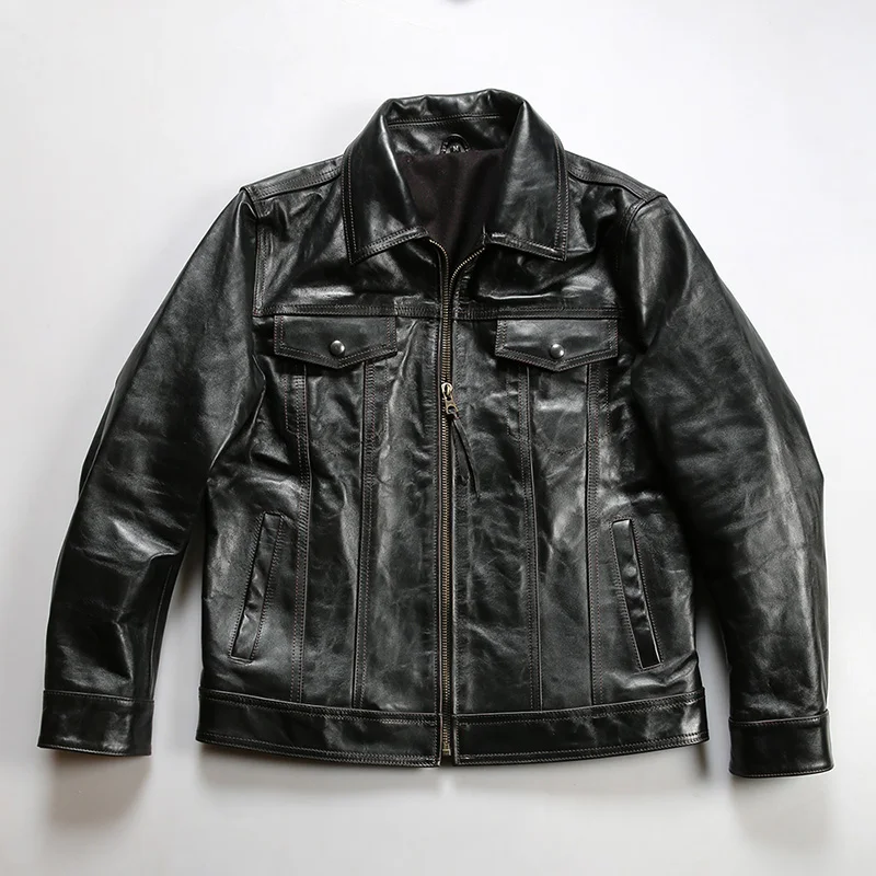 

American style 507 cowboy leather jacket men's lapel multi-pocket vegetable tanned tea core color oil wax horse leather hard