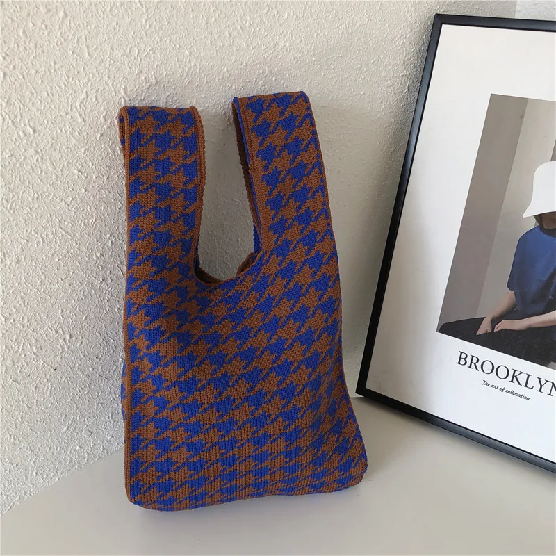 Korea Ins Knitted Checkerboard Tote Bag 2022 Women Handbags Shoulder Knitting Women's Bag Striped Armpit Bag for Women