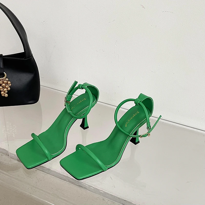 

Thin Low Heel Women Sandal Shoes Narrow Band Design Summer Outdoor Dress Shoes Square Toe Ankle Buckle Strap Slides