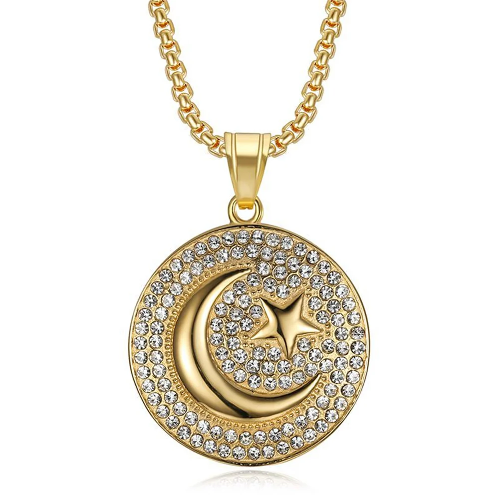 

Hip Hop Iced Out Bling Moon And Stars Necklaces Male Gold Color Stainless Steel Pendant & Chains For Men Jewelry Dropshipping