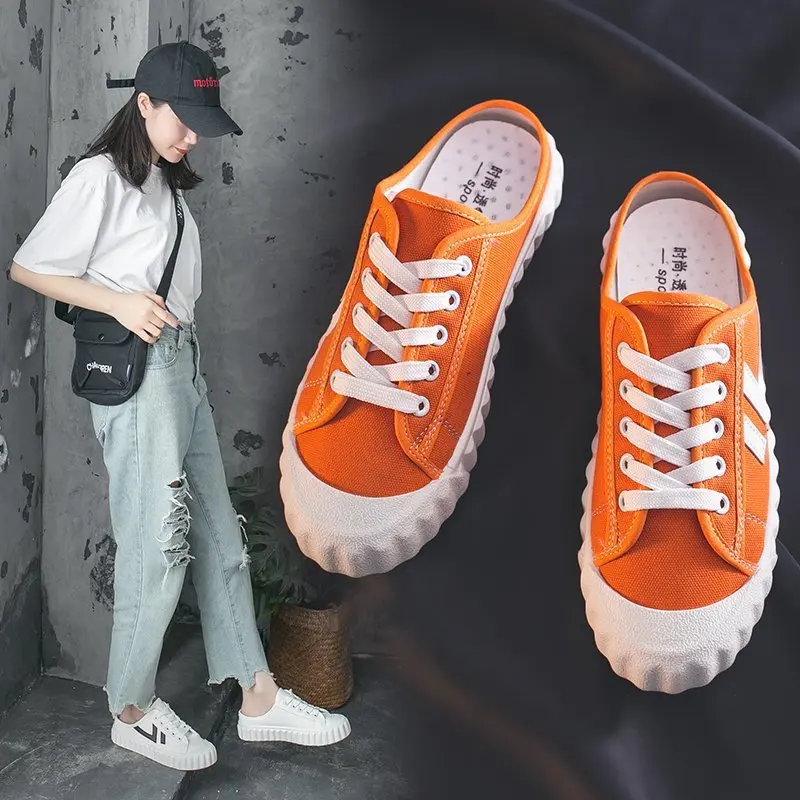 

Новинка 2022, полутапочки, Белая обувь, женские туфли без каблука, холщовые туфли для ленивых, тонкие и подходящие ко всему кроссовки