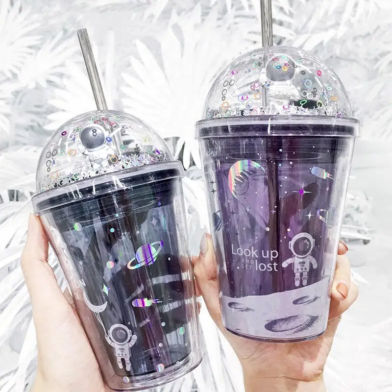 

Cute Water Bottle with Straw Lid Space Walk Reusable Mug Astronaut Double Layer BPA No Clear Kawaii Straw Water Cup with Straw