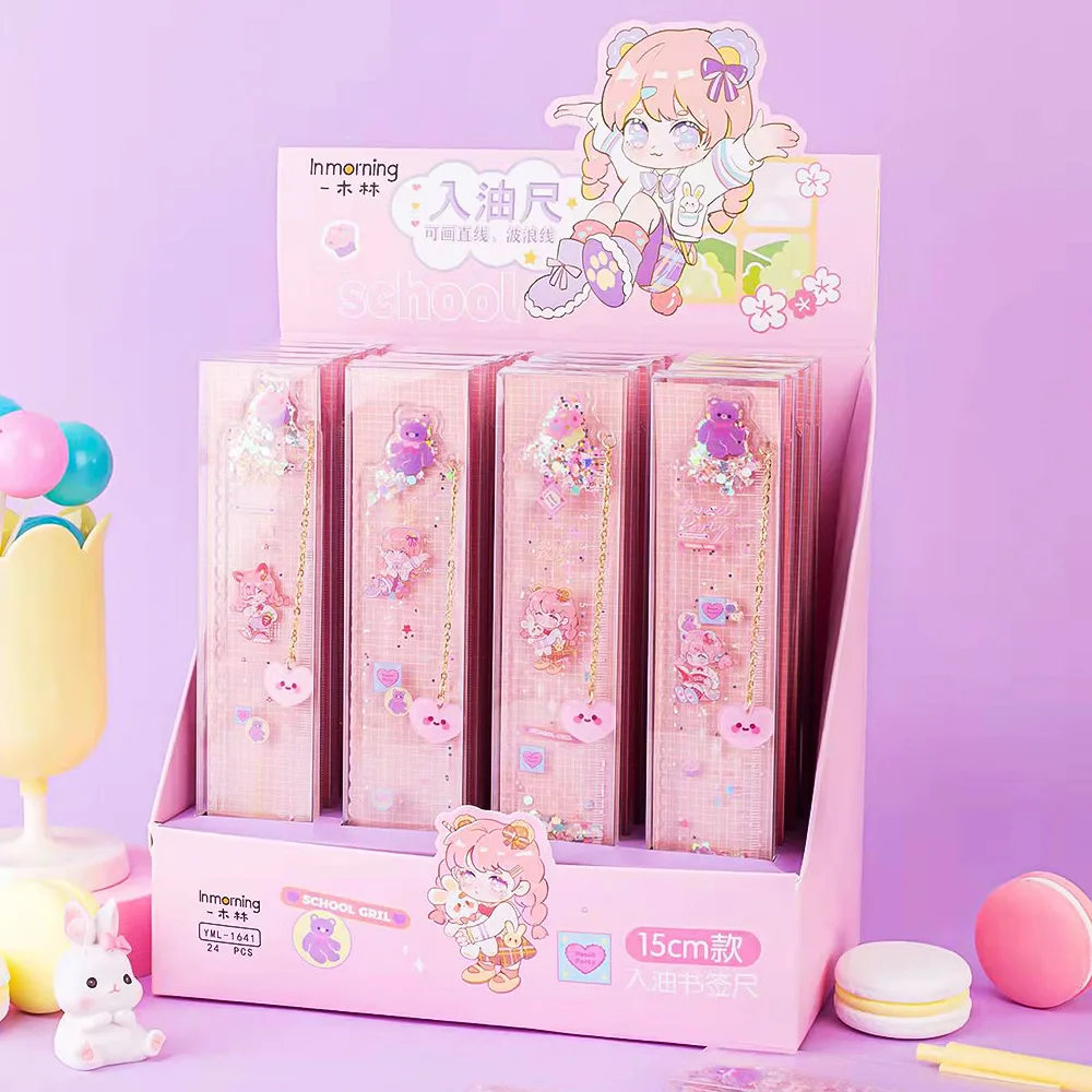 

Creative Cartoon Oil Dipstick Quicksand Ruler Pupil Ruler 15cm Lovely Girl Heart Scale Hand Account Drawing School Supplies