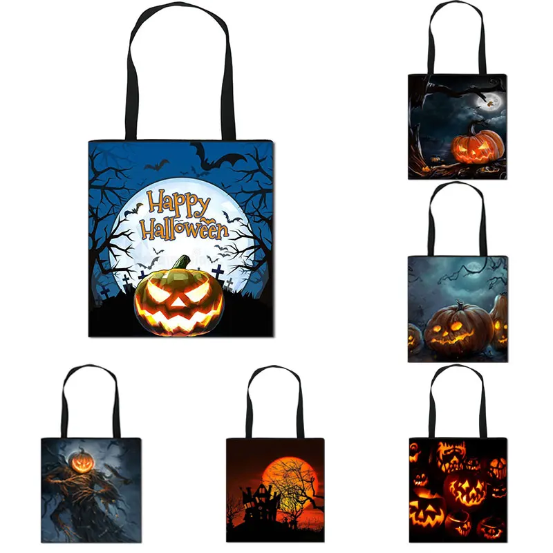 

Сумка-тоут женская холщовая с принтом в виде тыквы