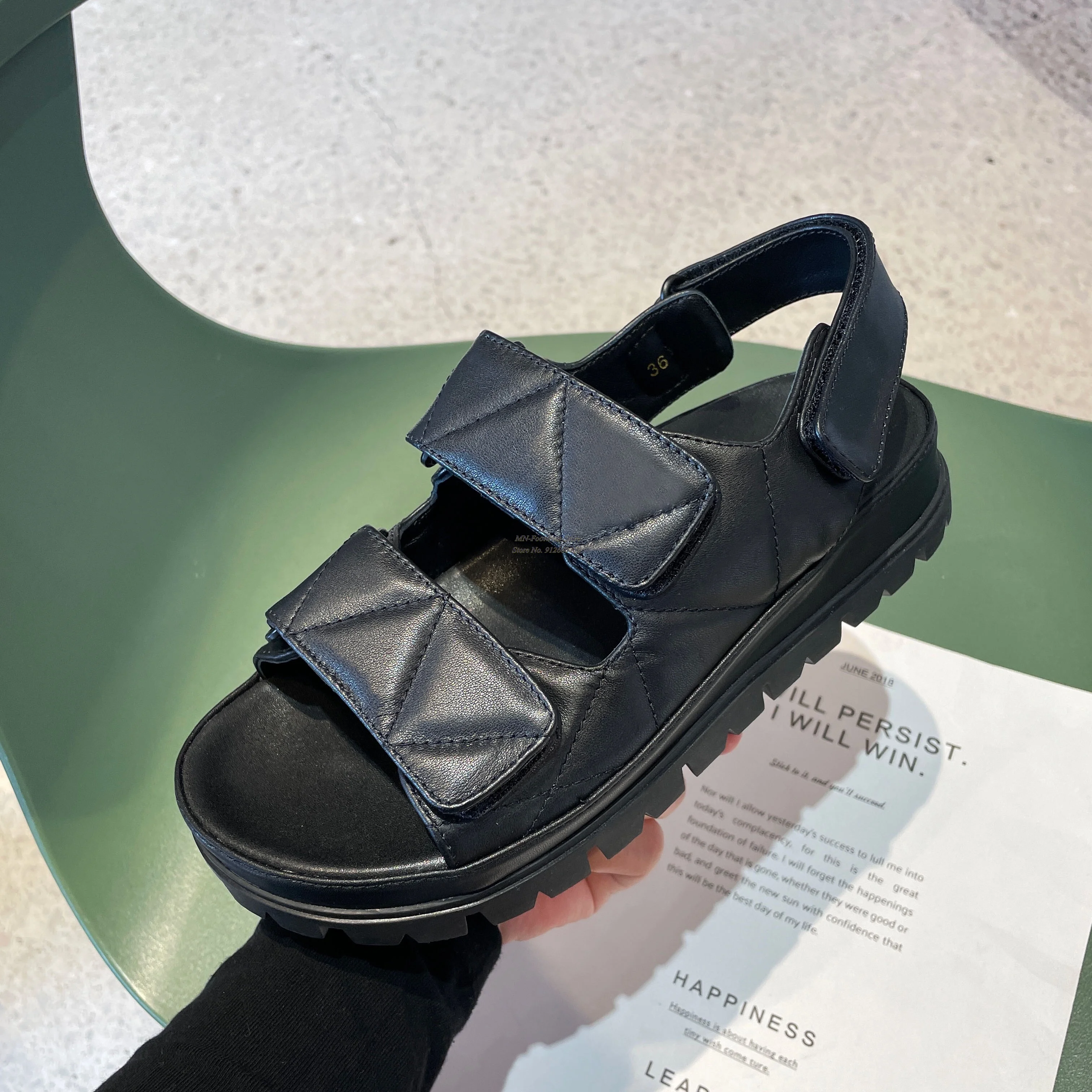 

2022 New Women Sandals Vegan Leather Platform Hook-and-loop Slingback Casual Sandals Open toe Black White Beige Handmade 35-40