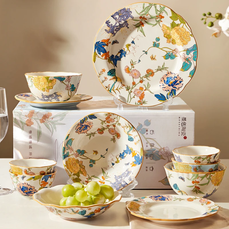 Фото Изящный китайский кухонный обеденный набор, подарок для гостей, женские праздничные тарелки, наборы посуды, керамическая посуда для завтрака, полная посуда Juego De Vajilla №1