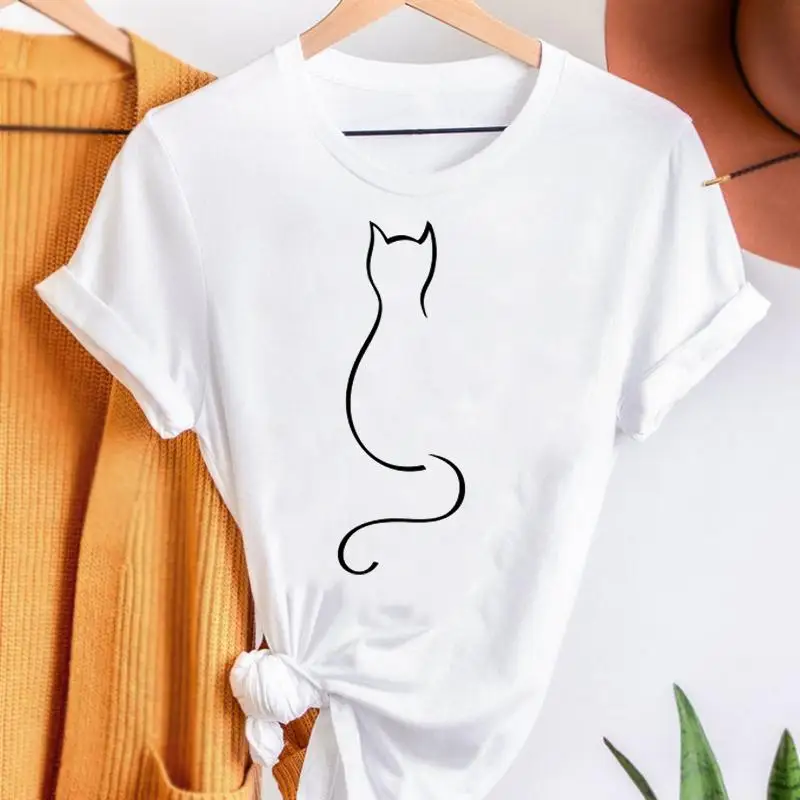 

Футболка женская летняя с коротким рукавом, милый Графический топ с мультяшным принтом кота 90-х, стильная рубашка с принтом