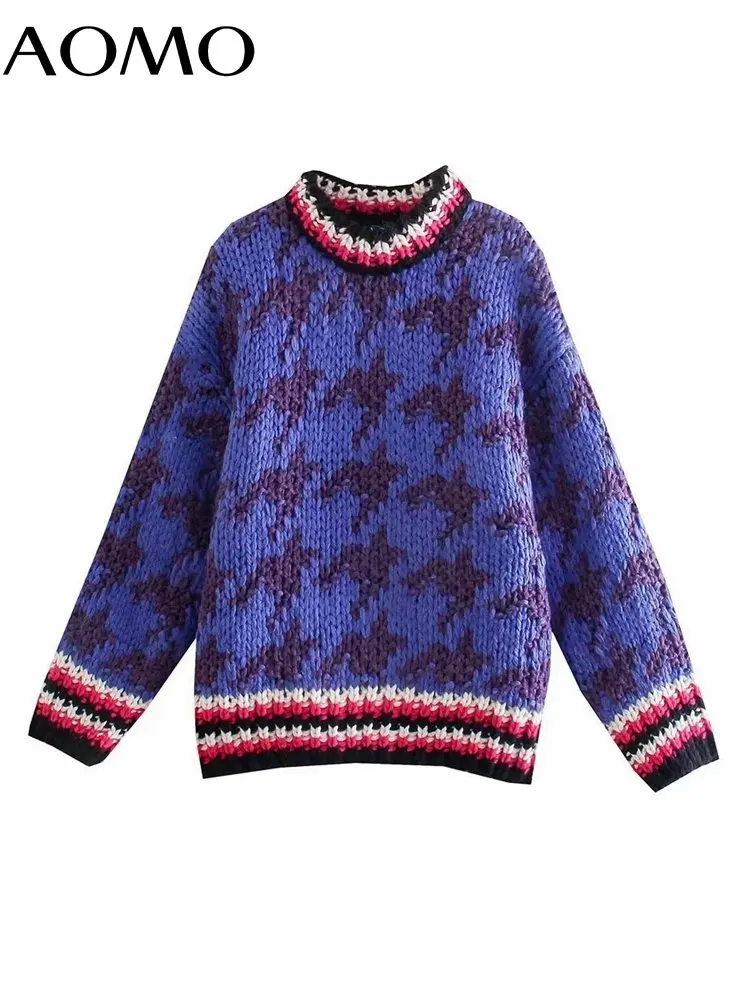 

AOMO Women 2022 Thick Oversized Jaquard Knit Sweater Vintage O Neck Long Sleeve Female Pullovers 3H124A