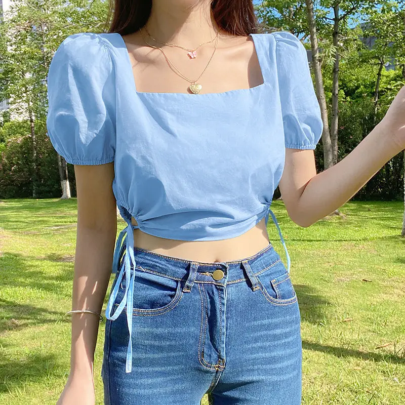 

Korean Fashion Tie Up Tshirts For Women Summer Streetwear Crop Tops Vintage Puff Sleeve Cute Shirts Harajuku