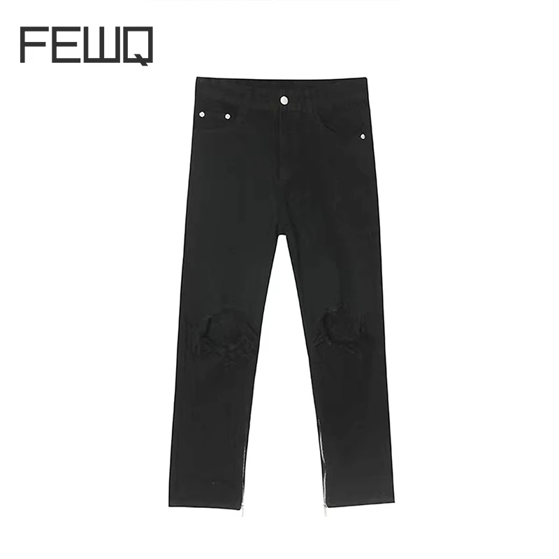 

FEWQ Men Korean Trendy Design Style New High Street Perforated Black Solid Jeans Cool Straight Fit Small Feet Long Pants 24X1023