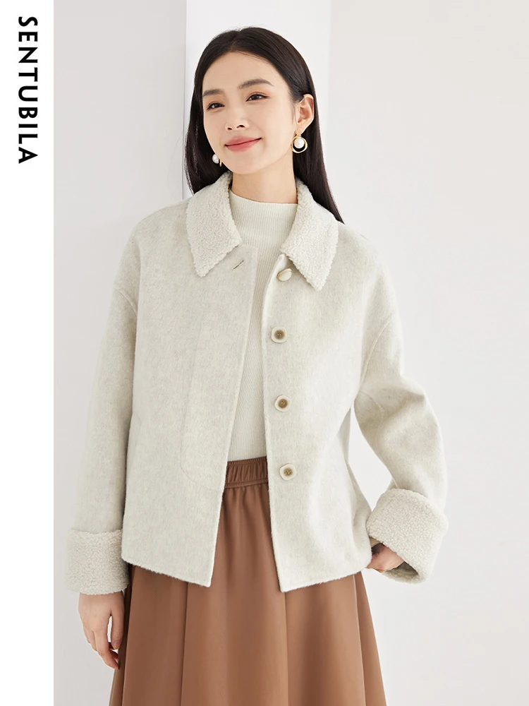 

Sentubila Autumn Winter 100% Wool Short Double Sided Woolen Coat for Women 2023 Elegant Lapel Crop Woolen Jacket Top W34O50147