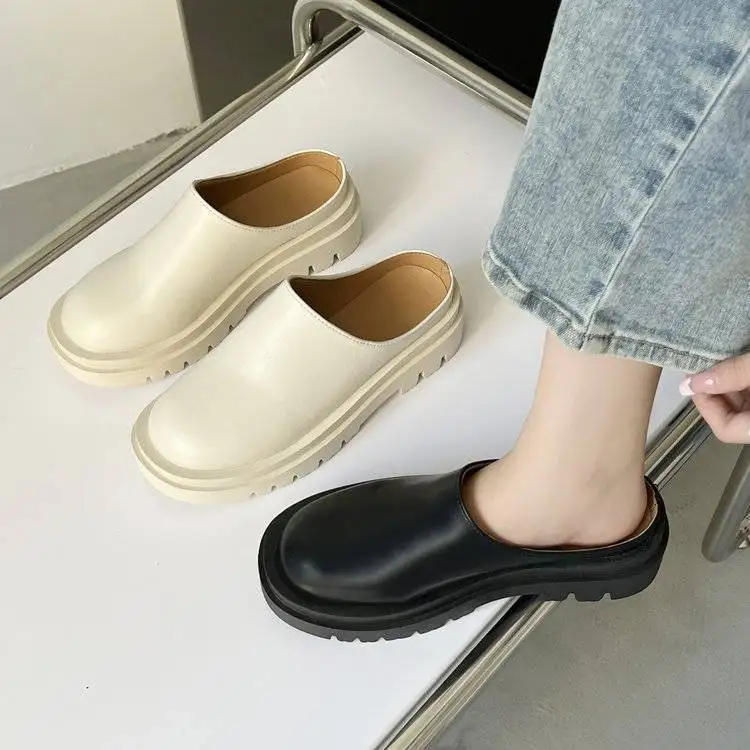 35-Size 43 Large Size Women's Shoes Fat Feet Spring Platform Half Slippers Slip-on Closed Toe Sandals