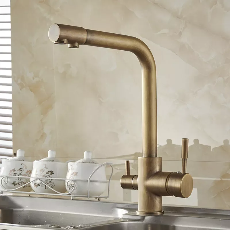 

Brass Kitchen Faucets Antique 3 Way Water Filter Taps Dual Handle Chrome Crane High Arch Swivel Purifier Filtration Tap N22-072