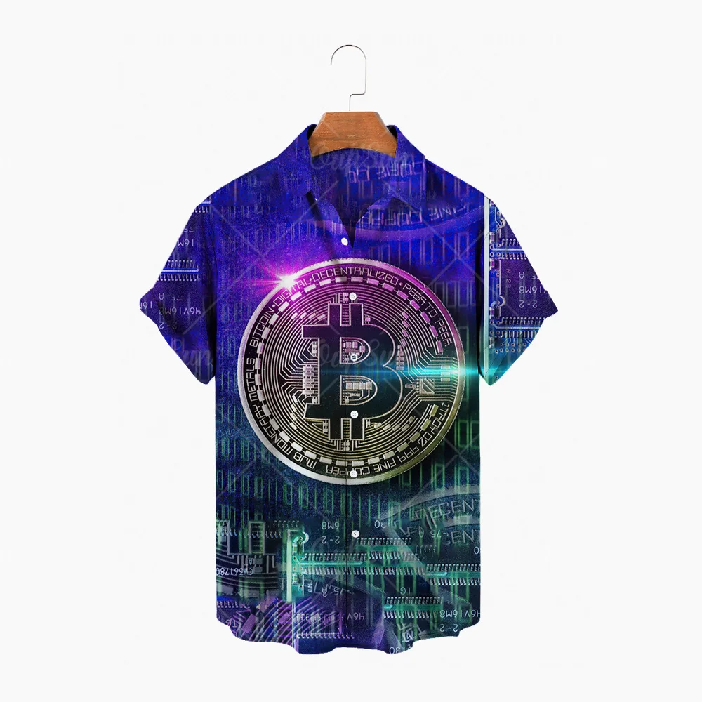 

3D Bitcoin Printed Shirt Men's Hawaiian Shirt Urban Fashion Casual Short Sleeve Single Button Beach Top 5XL