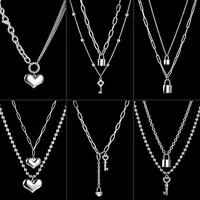 fashion personality trend jewelry versatile double layer love lock key stainless steel punk style pendant women necklace gift
