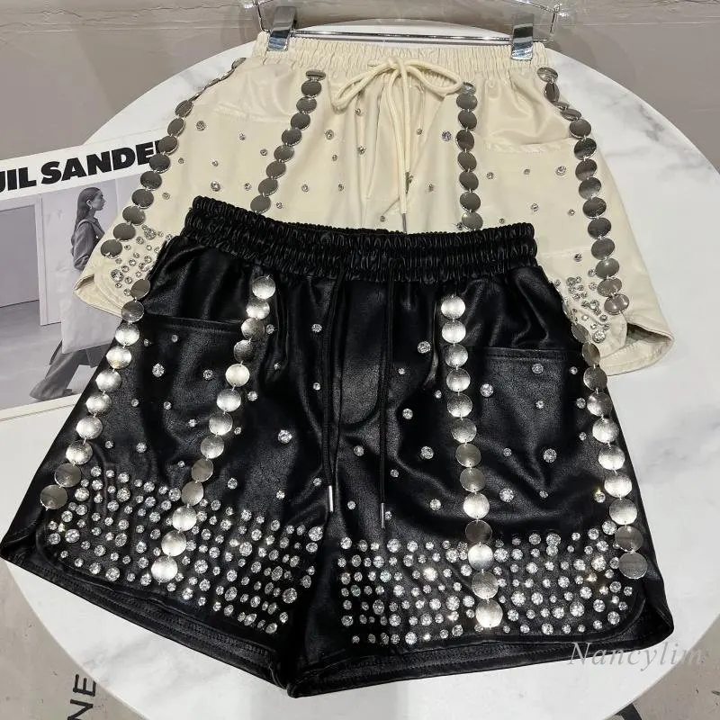 

Full Body Sequin Bead Shorts for Women Spring Autumn New Design Elastic Waist Rhinestone PU Leather Shorts Female Fashion 2023