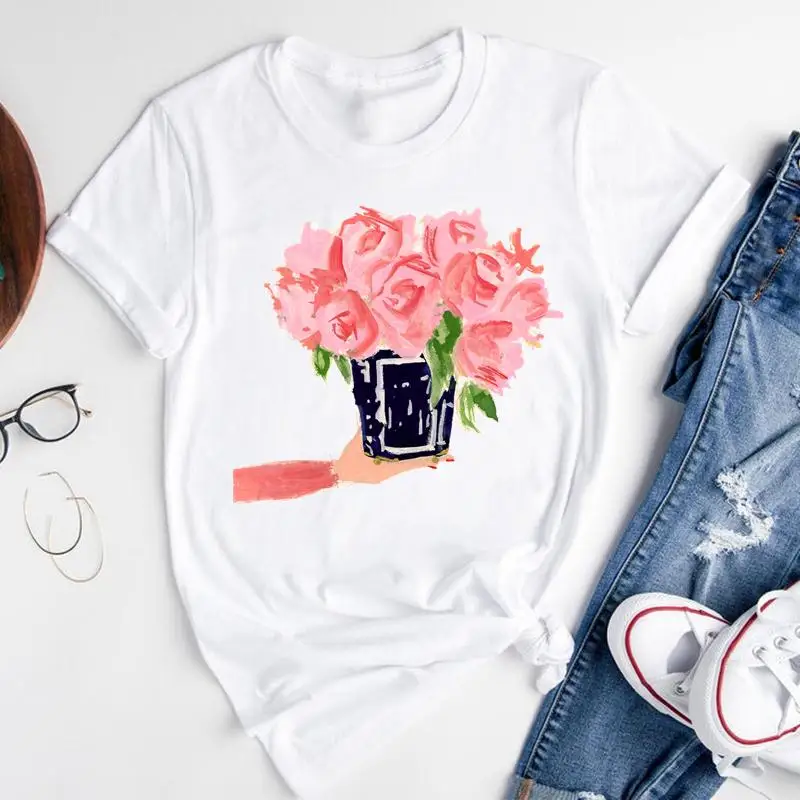 

Women Sweet Cartoon Floral Love Watercolor 2021 New Short Sleeve Summer Fashion Print Lovely Clothes Tops Tees Tshirt T-Shirt