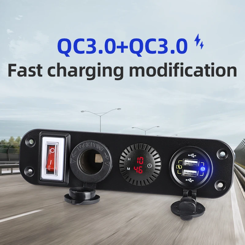 

New 12V Dual Port Usb Car Charger Adapter Mobile Cigarette Lighter Socket Splitter QC 3.0 Usb Panel Led Time Clock Toggle Switch