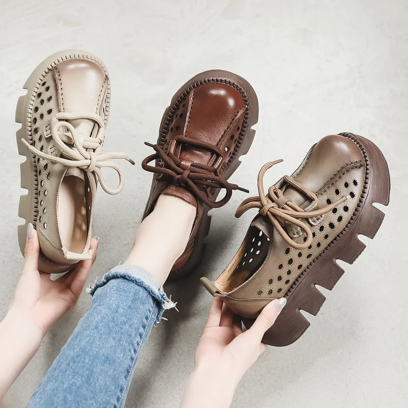 Jishu Hot Summer Top Layer Cowhide Platform Hollow out Tied Women's Shoes Genuine Leather Retro