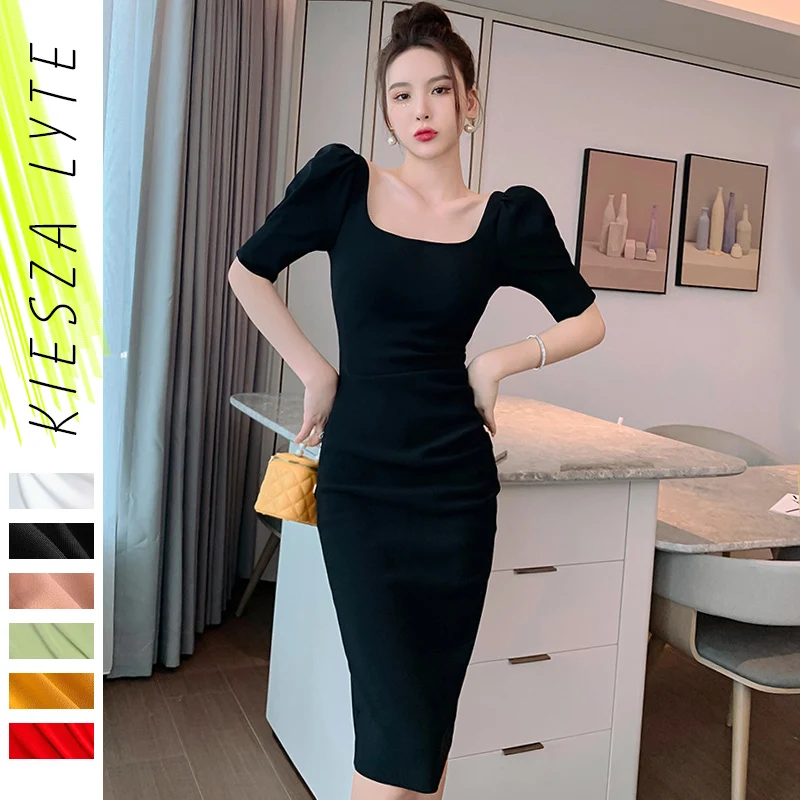 

Women Banquet Dress Solid Color White Black Square Collar Slim Midi Dresses Summer 2022 New vestido de mujer