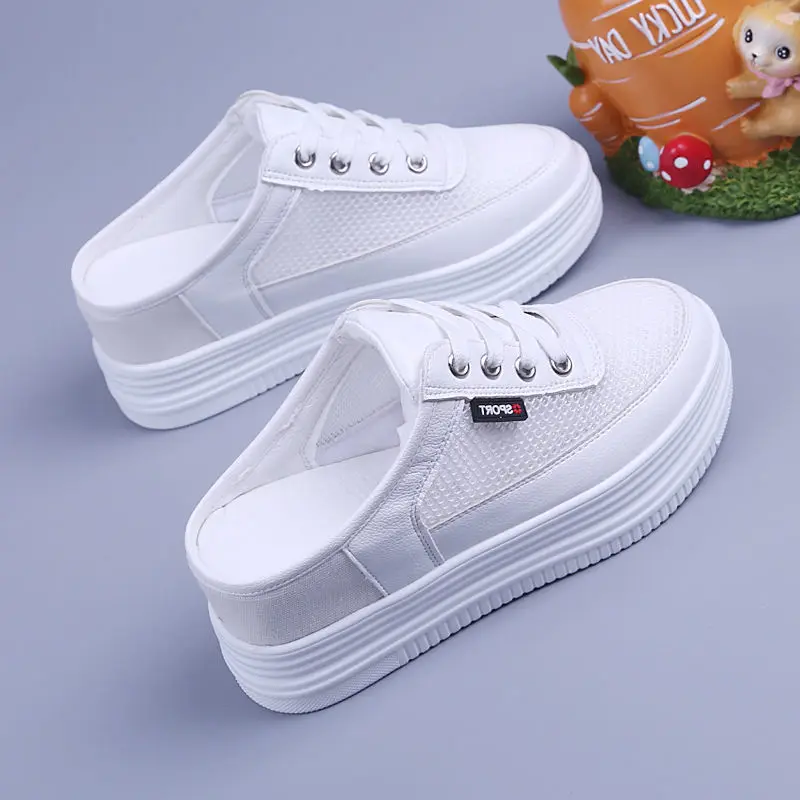 Women's Mesh Half Slippers Surface Hollowed Summer Versatile Student  Outdoor Breathable Closed Toe Mesh Casual Shoes White