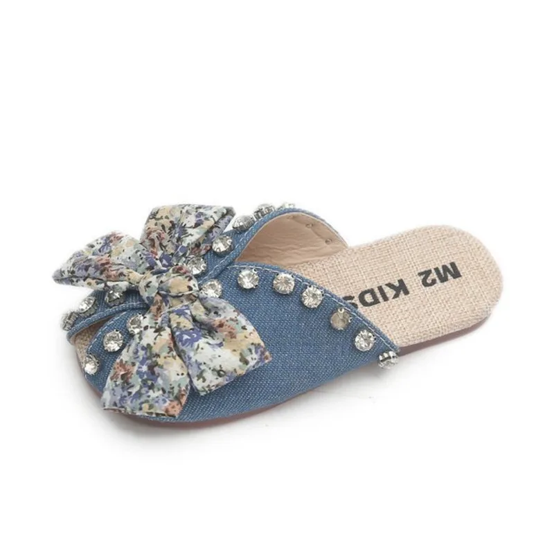 

Summer Flowers Printed Bow Children Slippers Rhinestone Outdoor Slippers For Girls Flats Princess Anti Slip Kids Beach Shoes