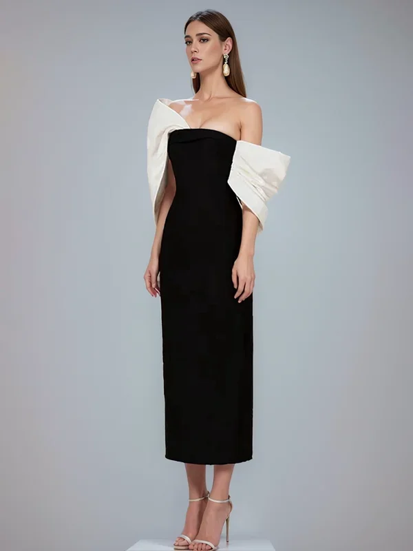 DEAT Fashion Women's Dress Slash Neck Back Contrast Color Big Bow High Waist Mid-calf Silm Dresses Spring 2024 New