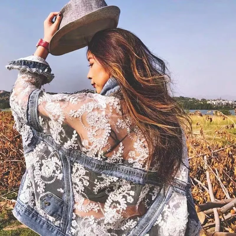 

Autumn 2023 Streetwear Fashion Embroidery Lace Hook Flower Patchwork Sexy Denim Jacket Women's Out Wear Loose Jacket Coat