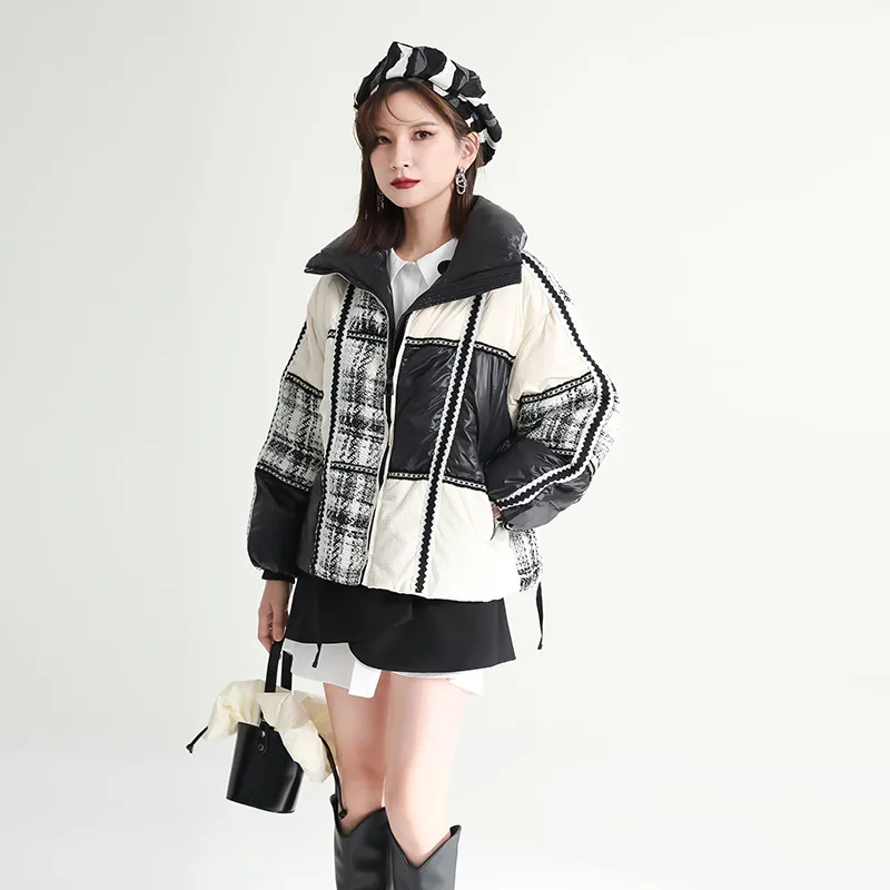 Short Sections of Cotton Clothing Female Winter 2022 New Sense of Design Tweed Splicing Bread Clothes Small People Jacket