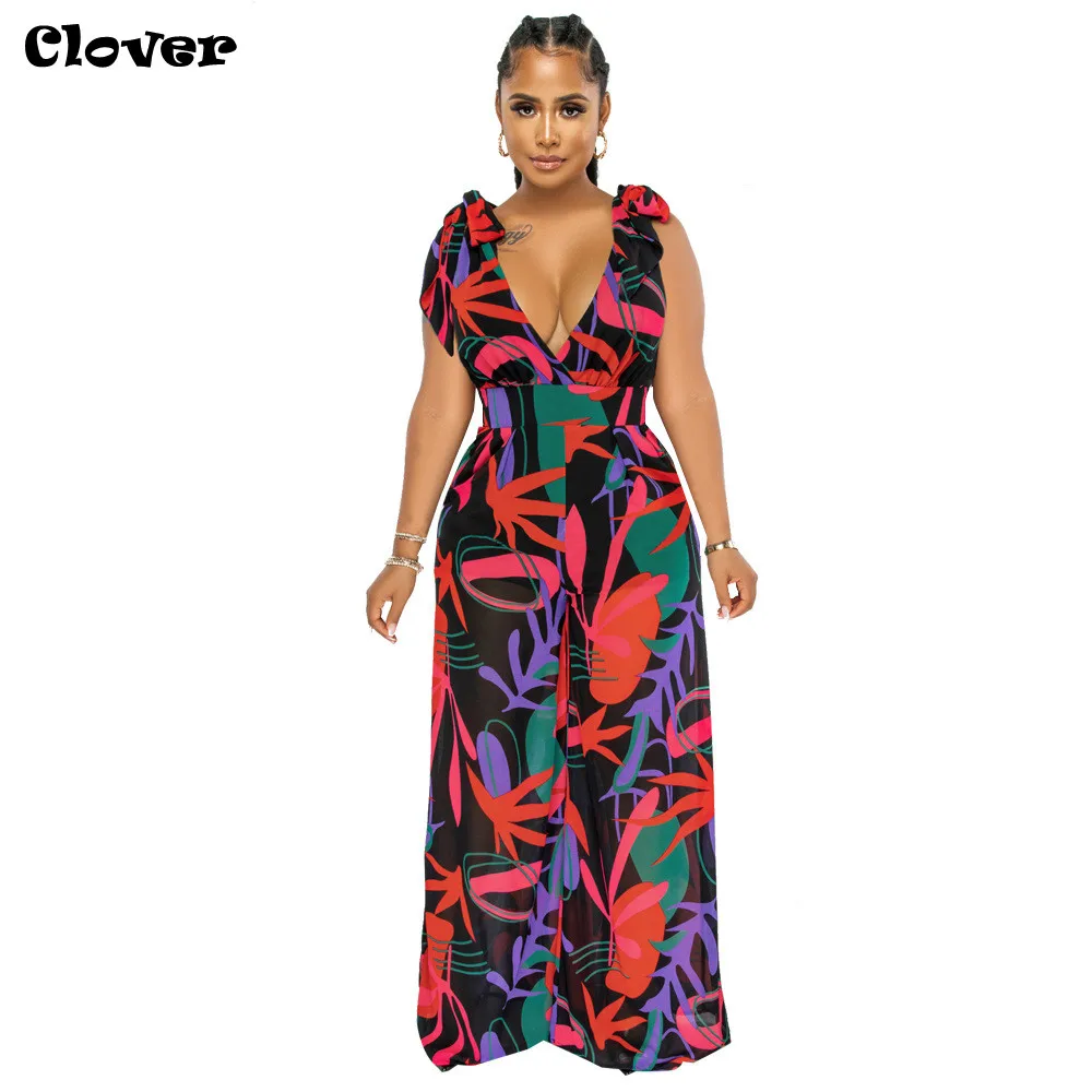 

Chiclover Chiffon Elegant Loose Printed Wide Leg Pants Jumpsuit Women V Neck Sexy One Piece Outfits Summer Romper Dropshipping