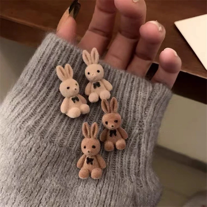 Flocking Plush Rabbits Bears Stud Earrings Brown Khaki Animal Drop For Women Girls Cute Earring Jewelry Brincos Gifts | Украшения и