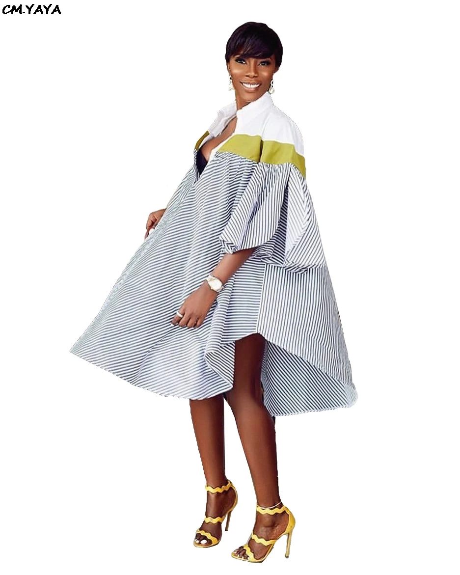 CM.YAYA Women Stripes Splicing Turn Down Neck Loose Wrist Sleeve Vintage Blouses Shirts Dress Fashion Vestidos Summer Dresses | Женская