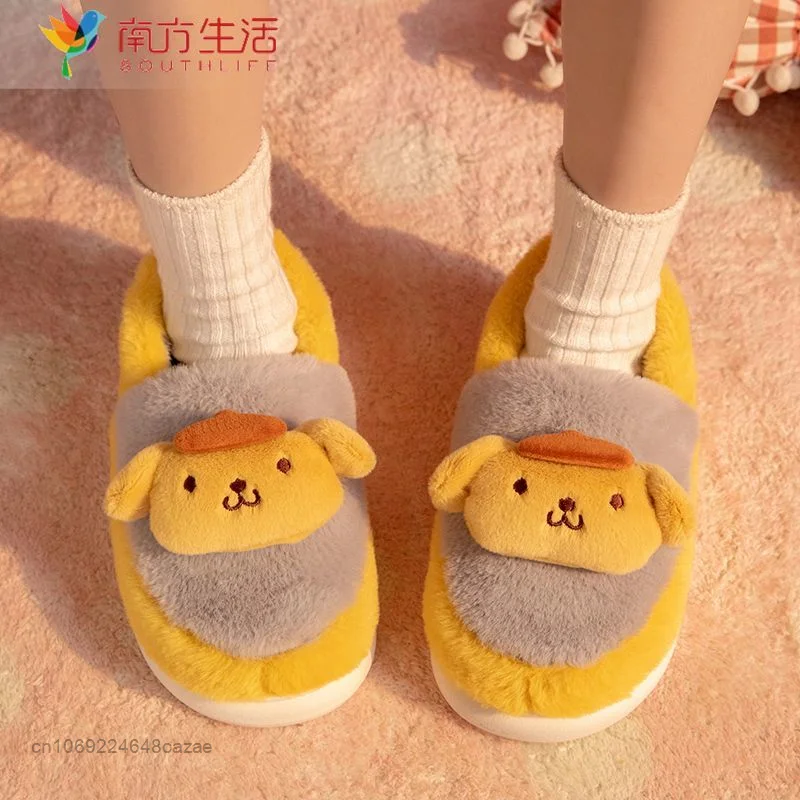 Sanrio Hello Kitty Plush Soft Bottom Non Slip Slippers Cotton Korean Style Kawaii Winter Slippers Thick Sole Warm Shoes Women