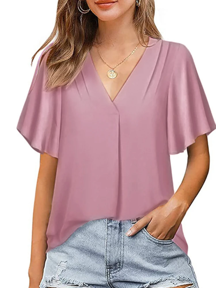

Womens Short Sleeve V-Neck Chiffon Shirt Solid Pleated Tops for Summer