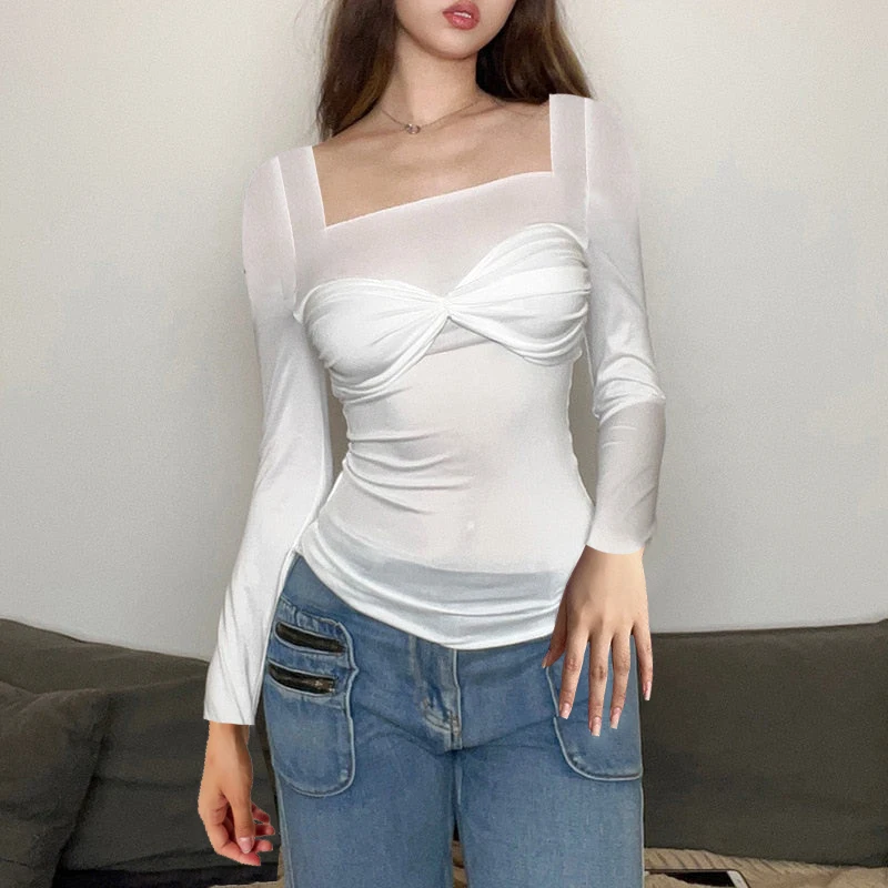 Fashion Women's Tube Top Spring Autumn Sheer Tops White Long Sleeve Square Neck Skinny Ruched Blouse Streetwear Y2k Summer Camis