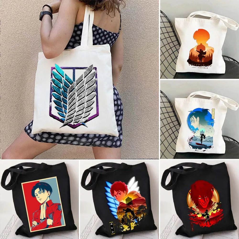 

Anime Attack On Titan Mikasa Eren Yeager Levi Ackerman Men Women Canvas Shoulder Bag Totes Eco Shopper Reusable Shopping Handbag