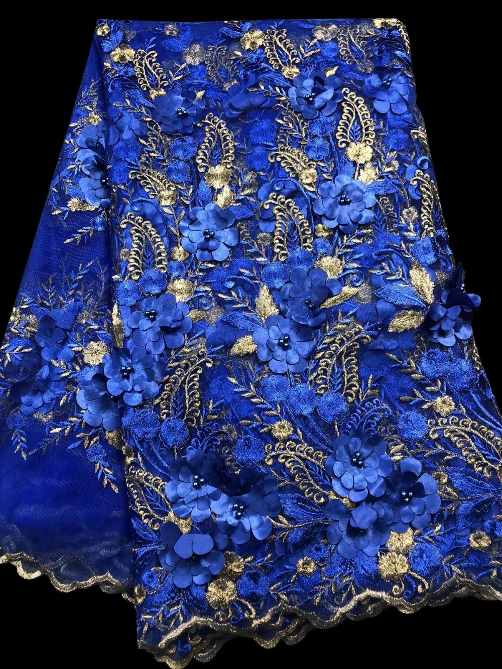 

Navy Blue Gold Allover Appliques Beaded French Lace Fabric African Sewing Tulle Lace Classic and Unique ALC-YB1