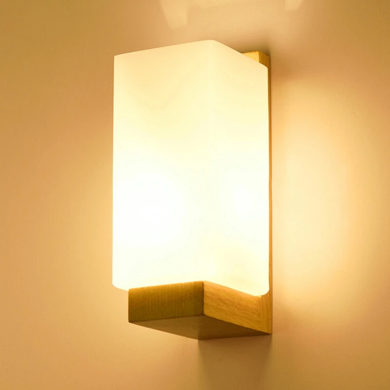 

Hot HG-Japanese Style Wooden Wall Lamp White Glass Lampshade Wall Light Sconce Fixtures Living Room Balcony Staircase Wall Lamp