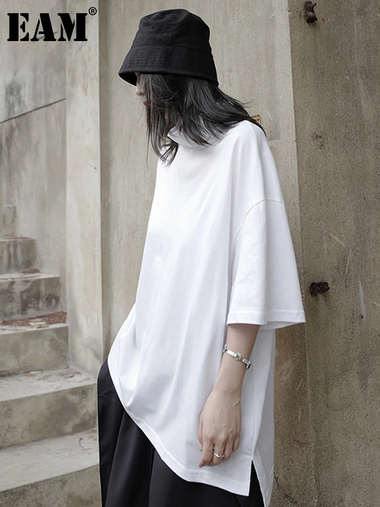 

[EAM] Women White Brief Irregular Stitch Big Size T-shirt New Turtleneck Half Sleeve Fashion Tide Spring Summer 2022 1X664