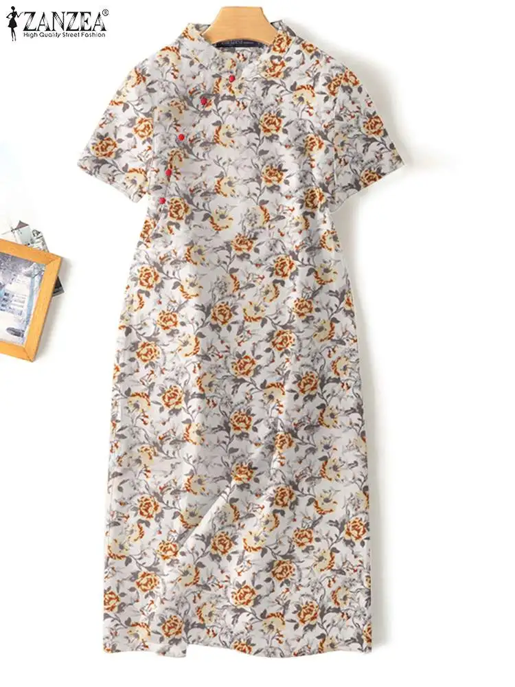 

ZANZEA Holiday Retro Midi Sundress Fashion Floral Print Short Sleeve Cheongsam Dresses Women Stand Collar Dresses Vintage Robes