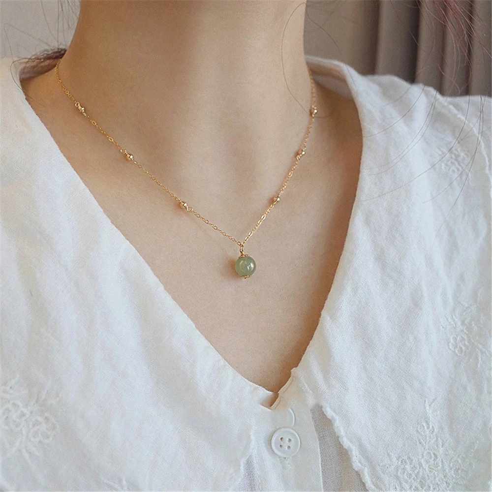 

Natural Hetian Jade Bead Pendant Necklace Female Summer Clavicle Chain Lovely Niche 14K Gold Color Design Luxury Women Jewelry