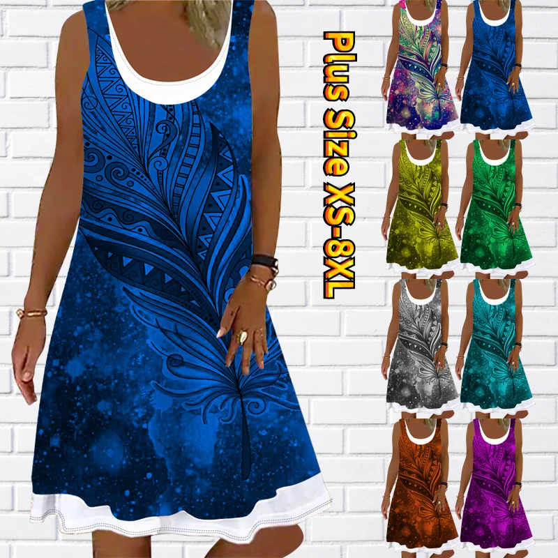 

Women Plant Theme Print Dress Fashion Leisure Summer Fashion Round Collar Loose Sundress Female Sleeveless Knee-length Skirt