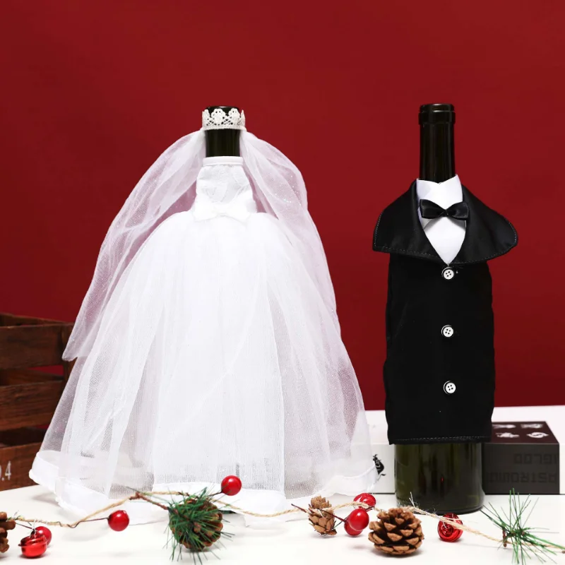 

Bride and Groom Mini Wedding Dress Tuxedo Wine Bottle Covers Wedding Decoration Desktop Ornaments DIY Event Party Decoration